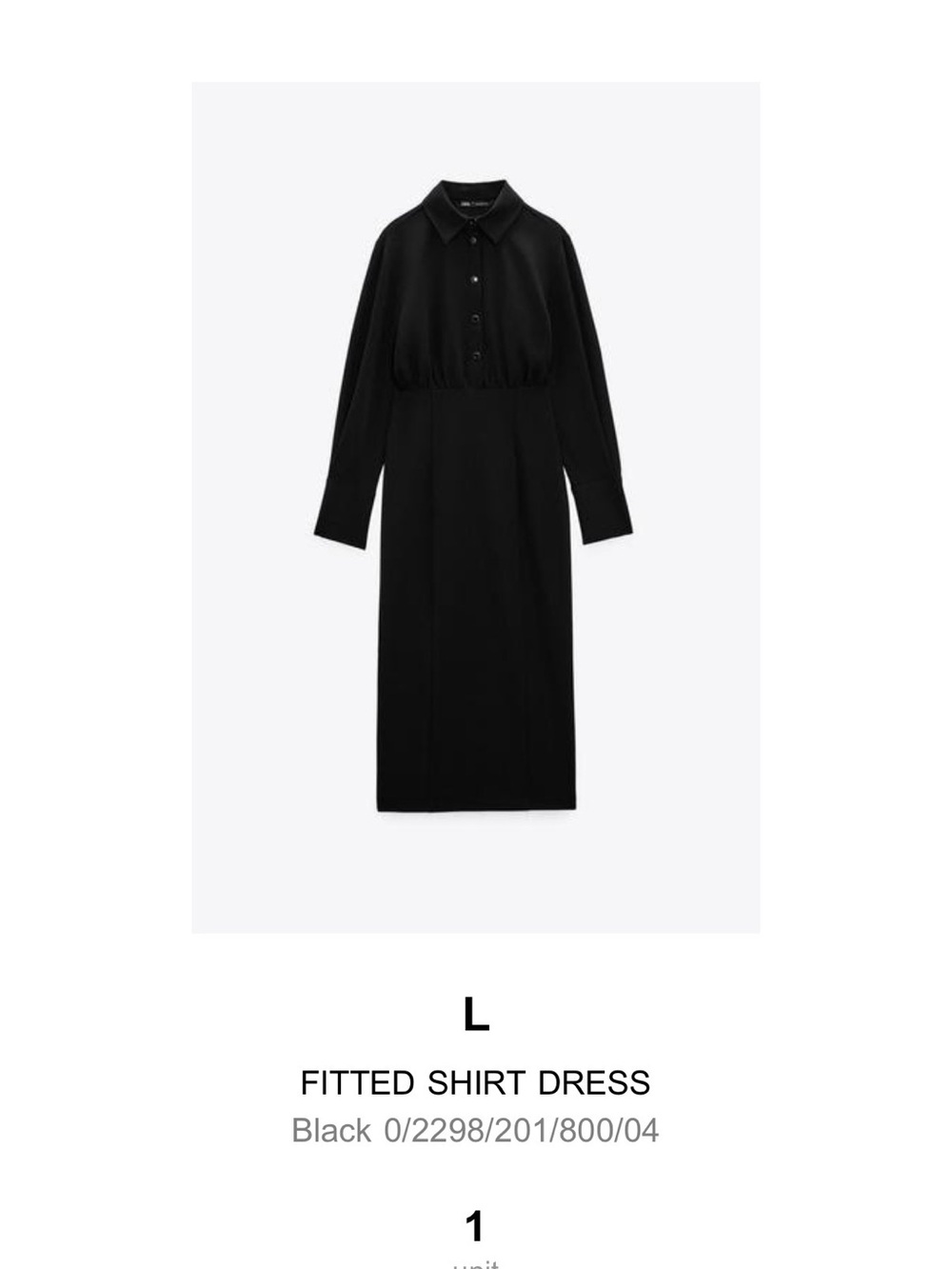 Zara Black Long Sleeve Fitted Shirt Dress